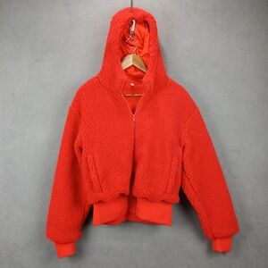 Fabletics Summit Teddy Fleece Crop Jacket Womens Small Red Cotton Hooded Zip Up